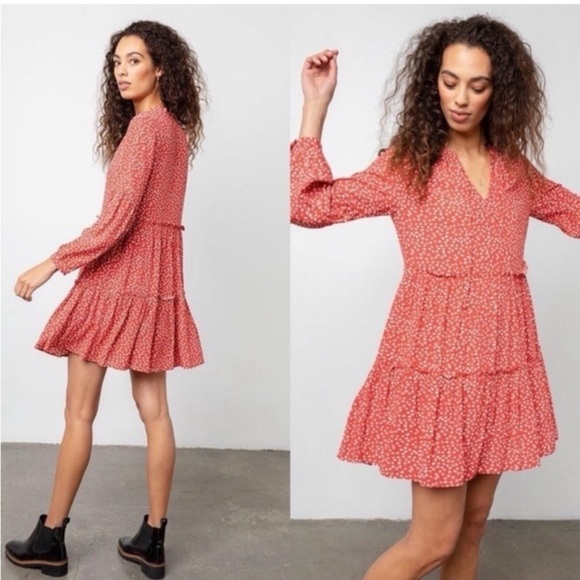 Rails Everly Mini Dress Carmine Daisies Red Ditsy Floral Tie Neck Boho Size XS - Picture 1 of 12